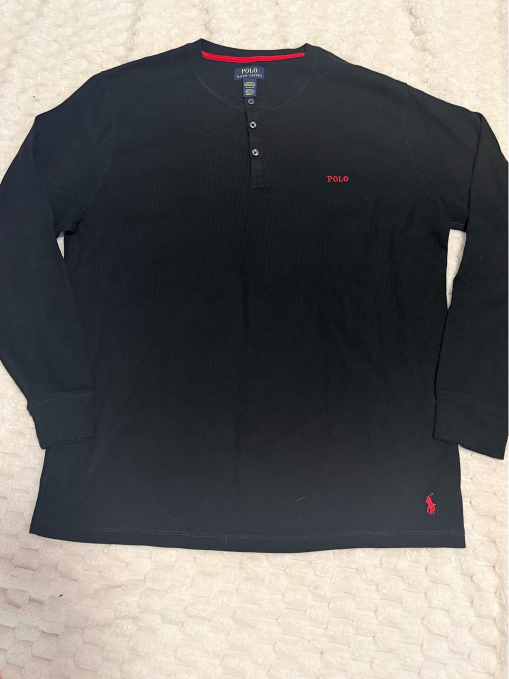Polo by Ralph Lauren Black Long-Sleeve Henley with Red Logo Detail